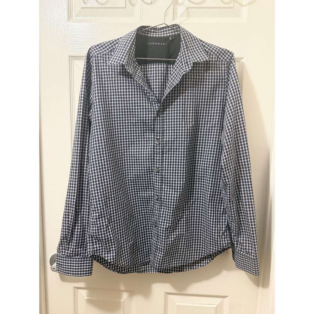 Theory Mens Navy Blue White Gingham Check Button Down Shirt Size M Long Sleeve
